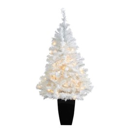 Maykoosh African Artifacts 50In. White Artificial Christmas Tree with 100 Clear Lights in Black Metal Planter