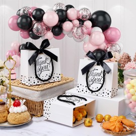 EQOREIIN Small Thank You Gift Bags 24pcs 5.5x2.5x4.7 Inches Mini Gift Bags with Handles Bow Ribbon Tiny Paper Bag for Party Favor, Mother's Day，Valentine's Day, Wedding, Baby Shower (White,Black)