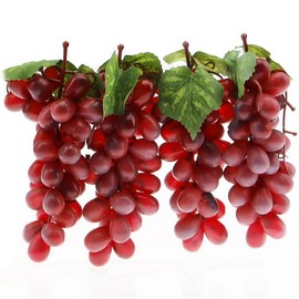 Woration 4 Bunches Artificial Grape Lifelike Simulation Fruit Decorative Fake Dark Red Grapes with Vines Party Garden Home Prop Cabinet Display (36 kernels)