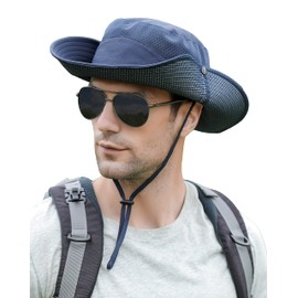 Koreshion Mens Sun Hat Wide Brim Breathable Mesh UPF 50+ Bucket Hat Waterproof Fishing Hat Quick-Drying Safari Hat Foldable Boonie Cap Outdoor Sun Protection Cap Navy Blue
