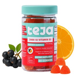 TEJA Immune Support Gummies for Teens with Vitamin D 2000IU, VIT C, Zinc, and Acerola. Low Sugar Supplement, Daily Immunity Multivitamin for Age 12-17 Teenagers to Adults. 60 Gummies