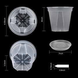GREENPARA 8-inch Transparent Plastic Garden Pots Planter with Saucer Plant Pot Nursery Pots Drainage Hole for House Plants, Herb, Flowers, and Cactus with Plant Labels, 3-Set