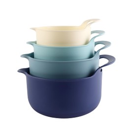 COOK WITH COLOR Non-Slip Mixing Bowls - 4 Piece Nesting Plastic Mixing Bowl Set with Pour Spouts and Handles-Measurement Markings (Blue)