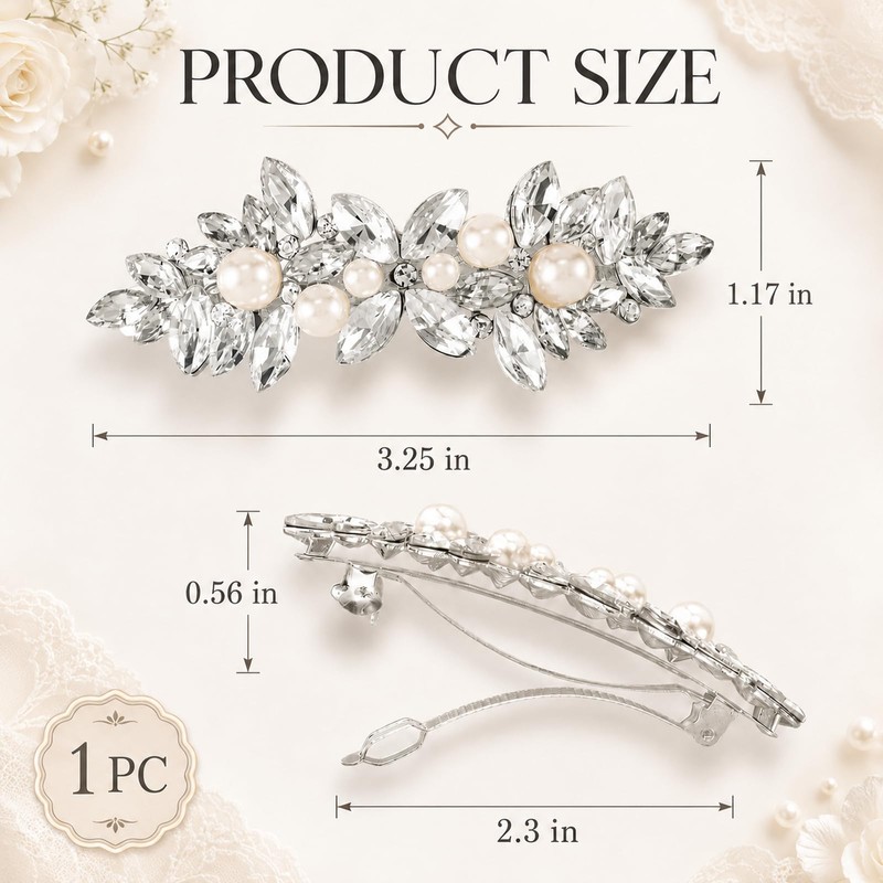 Rhinestone Hair Clip with Pearl, Sparkly Crystal Barrette for Women