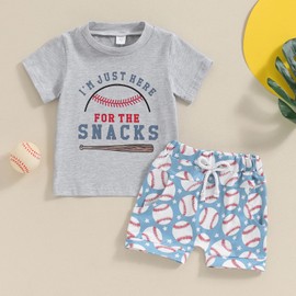 niceclould Toddler Boys Summer 2 Piece Outfit Short Sleeve O Neck Baseball Print Tops and Pocket Shorts Sets Casual Clothes (C-Gray, 6-12 Months)