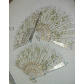 no name lot of 3 Bright White Gold Roses Lace Fan Plastic Base Theatrcial Dance Item