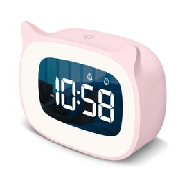 SMOUPING Kids Alarm Clock with Night Light & 18 Ringtones,Rechargeable,Cute Cat Ear Clock for Boys Girls Birthday Presents,Digital Clock for Children's Bedroom(Pink)