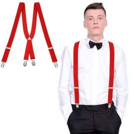 Men's X Shape Adjustable Braces Elastic Durable Braces with Metal Clips, red