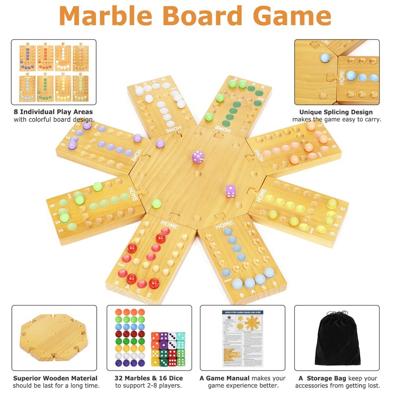 Marble Board Game,Wooden Board Game for 6-8 Players,Portable Design Marble