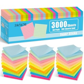 SACATR 30 blocs de notas adhesivas forradas, blocs de notas adhesivas de 3 x 3 pulgadas, 10 notas adhesivas de colores brillantes con lneas, bloc de  