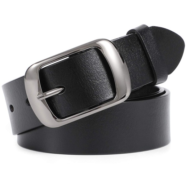 WHIPPY Women Leather Belts for Jeans Pants Fashion Dress Belt for Women with Solid Pin Buckle, Black, M