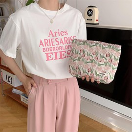 KSMMA Makeup Bag for Women,Canvas Zipper Women Purse,Small Makeup Bag,Floral Cosmetic Bag,Fashion Cosmetic Brush Organizer,Sister Gift Travel Toiletries Bag(Pink)