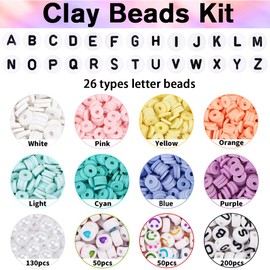 JOISHOP Clay Beads Bracelet Making Kit, 8 Pastel Colors Flat Round Polymer Clay Beads Heishi Beads Friendship Bracelet Making Kit with Letter Beads for Jewelry Making Bracelet Necklace DIY Craft