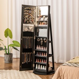 CHARMAID 63.5" H Jewelry Armoire with Full Length Mirror 360° Swivel, Rear Storage Shelves, Lockable Standing Jewelry Cabinet Organizer with Interior Vanity Mirror and 3-Color Lights (Black)