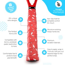 GET A GRIP - Custom Tennis Racket Grip Tape - Anti-Slip/Quick-Drying Tennis Overgrips - Precut Badminton Racket Grip with Finishing Tape - Squash Racket Grip Tapes (Charged Up (red), 3 Grips)