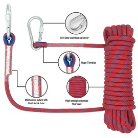 Outdoor Climbing Rope Diameter 10mm Outdoor Static Rock Climbing Rope, High Strength Cord Safety Rope Braid Nylon Rope, Escape Rope Fire Rescue Parachute Rope with 2 Carabiner, Red Length 10m