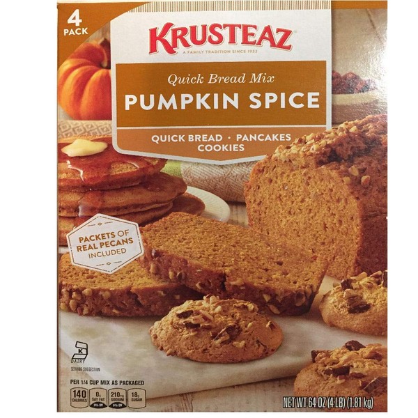 Pumpkin Spice Bread Quick Bread - Krusteaz Quick Bread Supreme Mix, NET WEIGHT 64 oz. (FOUR 1 lb MIX PACK)