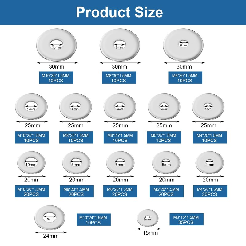 230 Pieces Flat Washers Set 304 Stainless Steel Washers Assortment