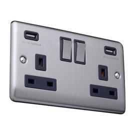 Caradok 2 Gang Double Pole switched socket with USB sockets - Brushed Steel - Grey Inserts