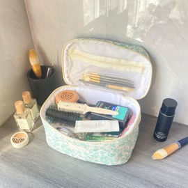 WYJ Green Large Quilted Floral Makeup Bag Cute Soft Coquette Aesthetic Cosmetic Bag Cotton Travel Toiletry Bag for Women