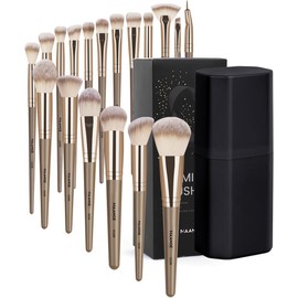 MAANGE 18Pcs Brochas de Maquillaje con Estuche Kit Alta Calidad Sintético Multifuncional Set de Brochas para Ojos en Polvo para Base de Maquillaje(Champán)