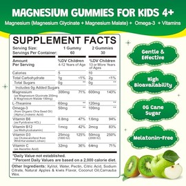 Magnesium Glycinate Gummies for Kids & Adults - Sugar Free Magnesium Malate with L-Theanine, Omega-3, Vitamin D3, B6, B12, C- Sleep, Calm, Relaxation,