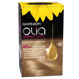 Garnier Olia 8.0 Blonde Permanent Hair Colour without Ammonia with Nourishing Natural Oils, Full Grey Hair Coverage, Permanent Colouration, 1 Piece