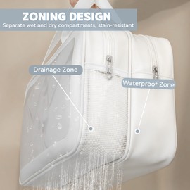 Large Clear Wash Bag, Dry Wet Segregation Toiletry Bag with Mesh Portable Makeup Bag PVC Waterproof Cosmetic Bag for Women (Medium-White)