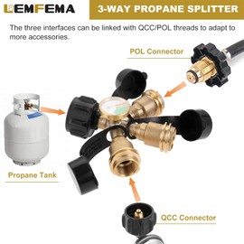 3 Way Propane Splitter with Gauge and Shut-Off Valve, 3 Y Pro-pane Gas Splitter QCC1 Type1 Connection Kit, Pro-pane LP Tank Fuel Tee Gauge Adapter Fitting for Grills, Camping Stoves, Heater, RV Camper