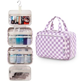Narwey Large Checkered Hanging Travel Toiletry Bag for Women Wash Bag Cosmetics Makeup Bag Organizer for Full Size Accessories (Checkerboard Purple (Large))