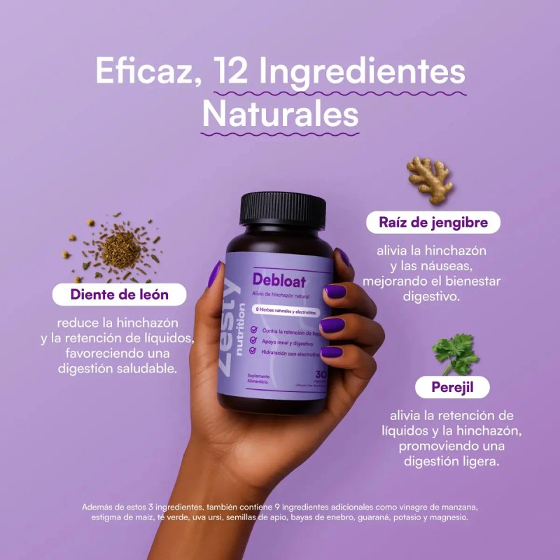 Zesty Debloat Suplemento Digestivo Alivia Hinchazón 30 Cap Sin Sabor