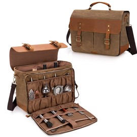 Lodrid Vintage Bartender Kit Bag with Flexible Compartments for Wine, Leather Waxed Canvas Bartender Tote with Removable Dividers, Bar Bag with Handle and Shoulder Strap, Case Only, Patent Design