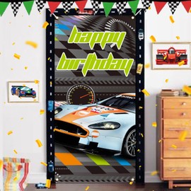 Car Racing Happy Birthday Backdrop Banner Race Car Competition Theme Party Door Decor Exciting Racing Game Checkered Flag Men Boys Birthday Party Favors Decorations Supplies 35.4x72.8in-BECKTEN