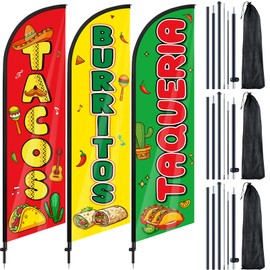 Remagr 3 Pcs Tacos Burritos Feather Flag 7 ft Mexican Food Swooper Flag Mexican Restaurant Advertising Feather Banner with Pole and Ground Stake for Outside Store Business Markets