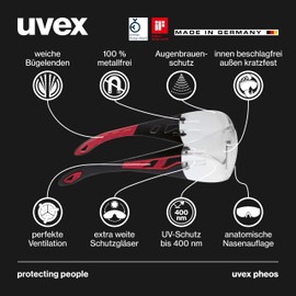 Uvex Pheos - Safety Glasses - Temple Glasses Supravision Excellence Technology - Metal-Free, Anti-Fog & Scratch-Resistant - One Size - Black/Red, Transparent