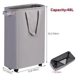 efluky Laundry Basket, Slim Laundry Basket with Wheels, Rolling Laundry Basket for Clothes, Small Laundry Basket for Bedroom, Dorm and Laundry Room, 48L (12.7 Gallons) Grey