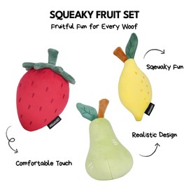CHEWFFON Squeaky Plush Dog Toys, Cute Stuffed Puppy Toys, Dog Birthday Gifts for Small and Medium Dogs Relieve Boredom, 3PCS Fruits Dog Toys-Strawberry, Lemon, Pear