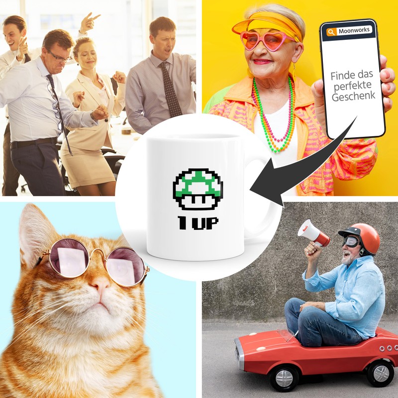 MoonWorks Coffee Cup Birthday Retro Pixel Mushroom 1-Up Mushroom Level-Up