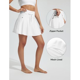 BALEAF Women's Swim Skirt with Boxer Liner High Waisted Tummy Control Modest Tankini Swimsuits 2025 Zipper Pocket Skorts Bathing Suit Flowy Swimming Bottoms White M