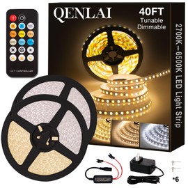 QENLAI 40ft LED Strip Lights, 2700K-6500K Tunable White LED Light Strip with Remote and Plug, 12V 1440 LEDs Dimmable Cuttable Led Tape Light for Kitchen Cabinet Bedroom Ceiling Lighting(2pcs of 20ft)