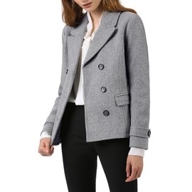 Allegra K Women's Notched Lapel Double Breasted Pea Coat Medium Grey
