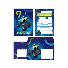 12 Invitation Cards with 12 Envelopes for 7th Children's Birthday Invitation Seventh Birthday Boys Car Monster Truck