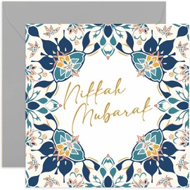 Nikkah Mubarak Card - Muslim Wedding Day Card for Him or Her - Islamic Wedding Congratulations for Couple - Blue Green Gold Pattern - Mr and Mrs Wedding Day Card | Blank Inside