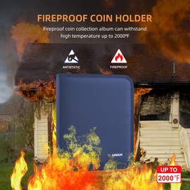 JUNDUN Fireproof Coin Collection Album for Collectors, Waterproof Coin Collection Holder Album with 260 Pockets, Coin Collection Organiser Storage Box Case Album for 20/25/27/30/ 38mm Coin(Blue)