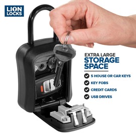 Lion Locks Lock Box for Keys - Lockbox for House Key, Lock Box with Combination for Real Estate, Car Keys - Hide a Key Lock Box for House Keys Waterproof Key Safe - Easy Installation, Black