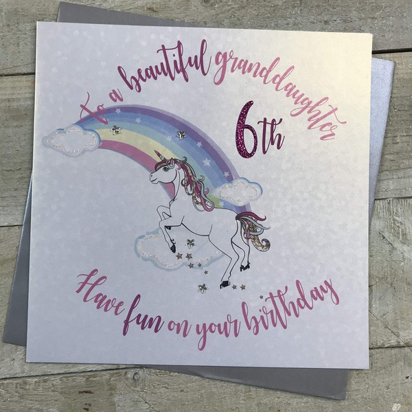 White Cotton Cards Large "To a beautiful granddaughter, Have fun on your 6th birthday" Handmade Birthday Card, XR34-6gd