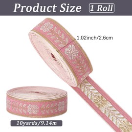 CABODYALS 9.14 m 1(1) cm Pink Jacquard Ribbon with Floral Pattern Gold Embroidery Tape Vintage Floral Pattern Woven Embroidered Boho Applique Fabric Trim for Sewing Crafts Clothing Dresses Home