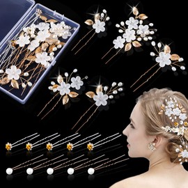 Pack of 15 Wedding Hair Accessories Set, Wedding Hair Pins with Pearls and Flower, U-Shaped Hair Clips Rhinestone, Hair Pins Wedding, for Bride and Bridesmaid (Golden, 3 Styles)