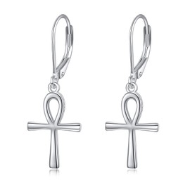 POPLYKE Ankh Cross Leverback Earrings for Women 925 Sterling Silver Cross Dangle Earrings for Girls Birthday Gifts