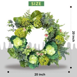 AOKELEON 20 Inch Artificial Spring Summer Wreath for Front Door, Farmhouse Porch Wall & Wedding Décor - Greenery Wreath with Ornamental Cabbage, Hydrangea & Mixed Foliage (Handmade, All-Season)